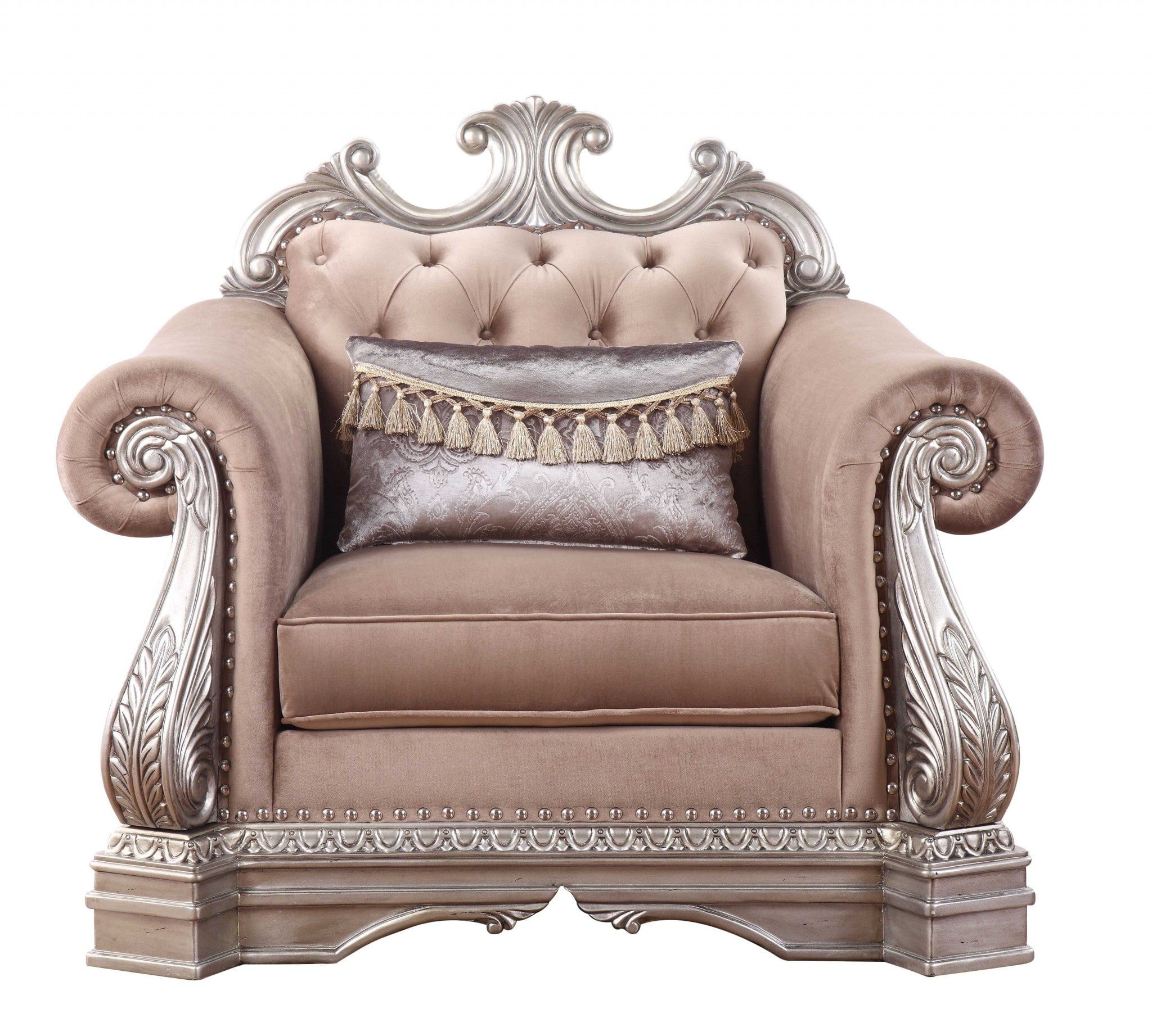 42" Cherry Blossom Pink And Silver Velvet Tufted Arm Chair And Toss Pillow - Homeroots - Flyclothing LLC