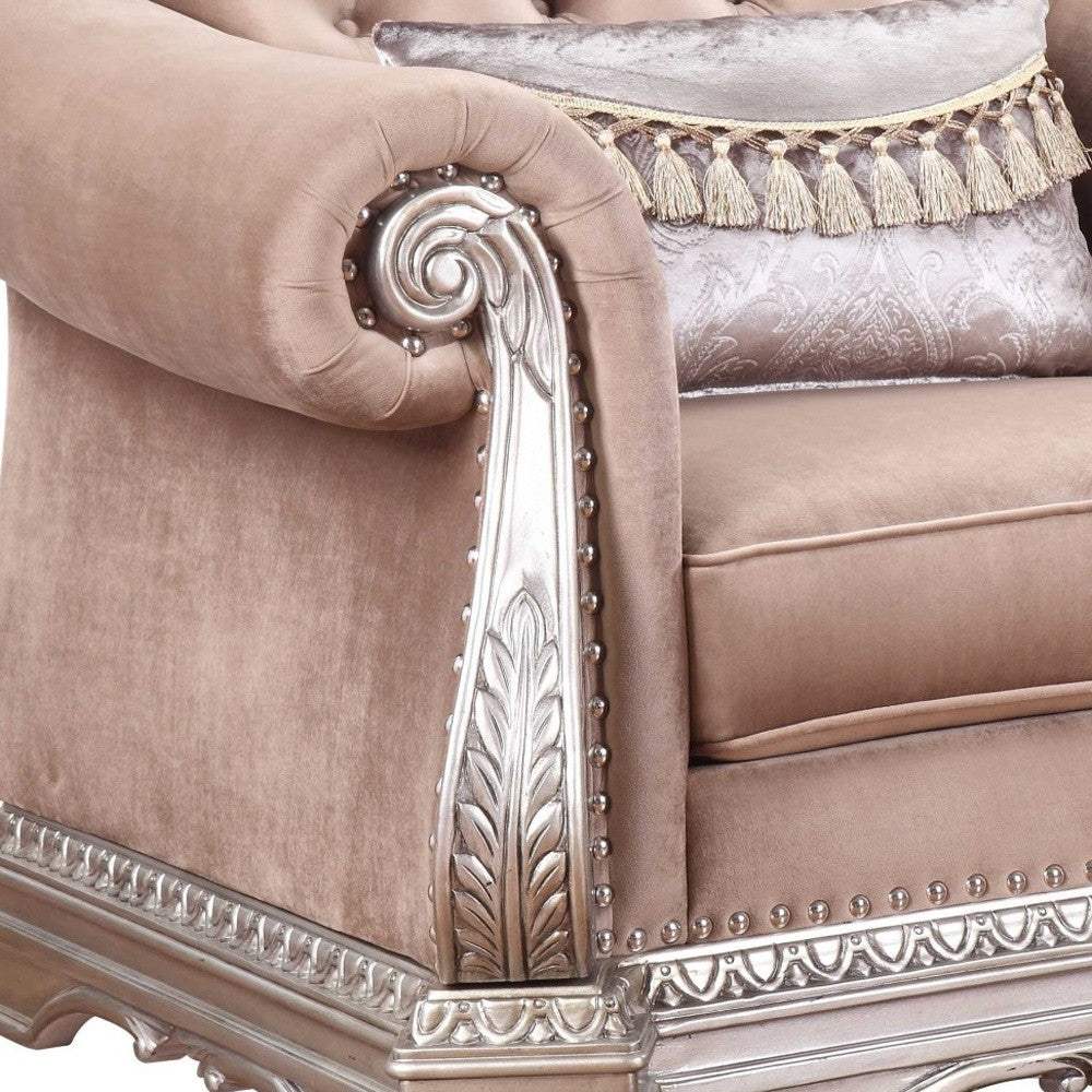 42" Cherry Blossom Pink And Silver Velvet Tufted Arm Chair And Toss Pillow - Homeroots - Flyclothing LLC