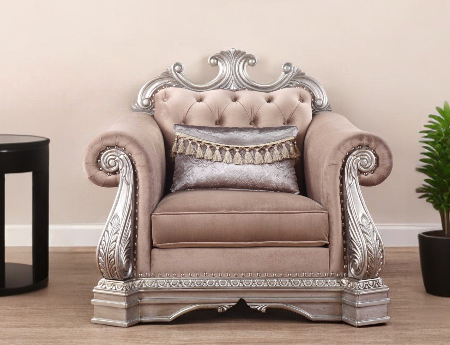 42" Cherry Blossom Pink And Silver Velvet Tufted Arm Chair And Toss Pillow - Homeroots - Flyclothing LLC