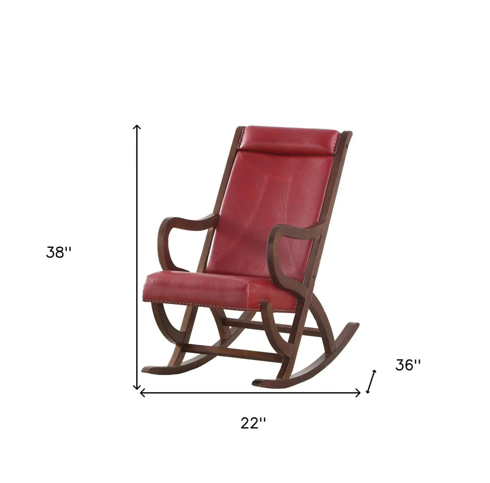 22" X 36" X 38" Burgundy Pu Walnut Wood Upholstered (Seat) Rocking Chair - Homeroots - Flyclothing LLC