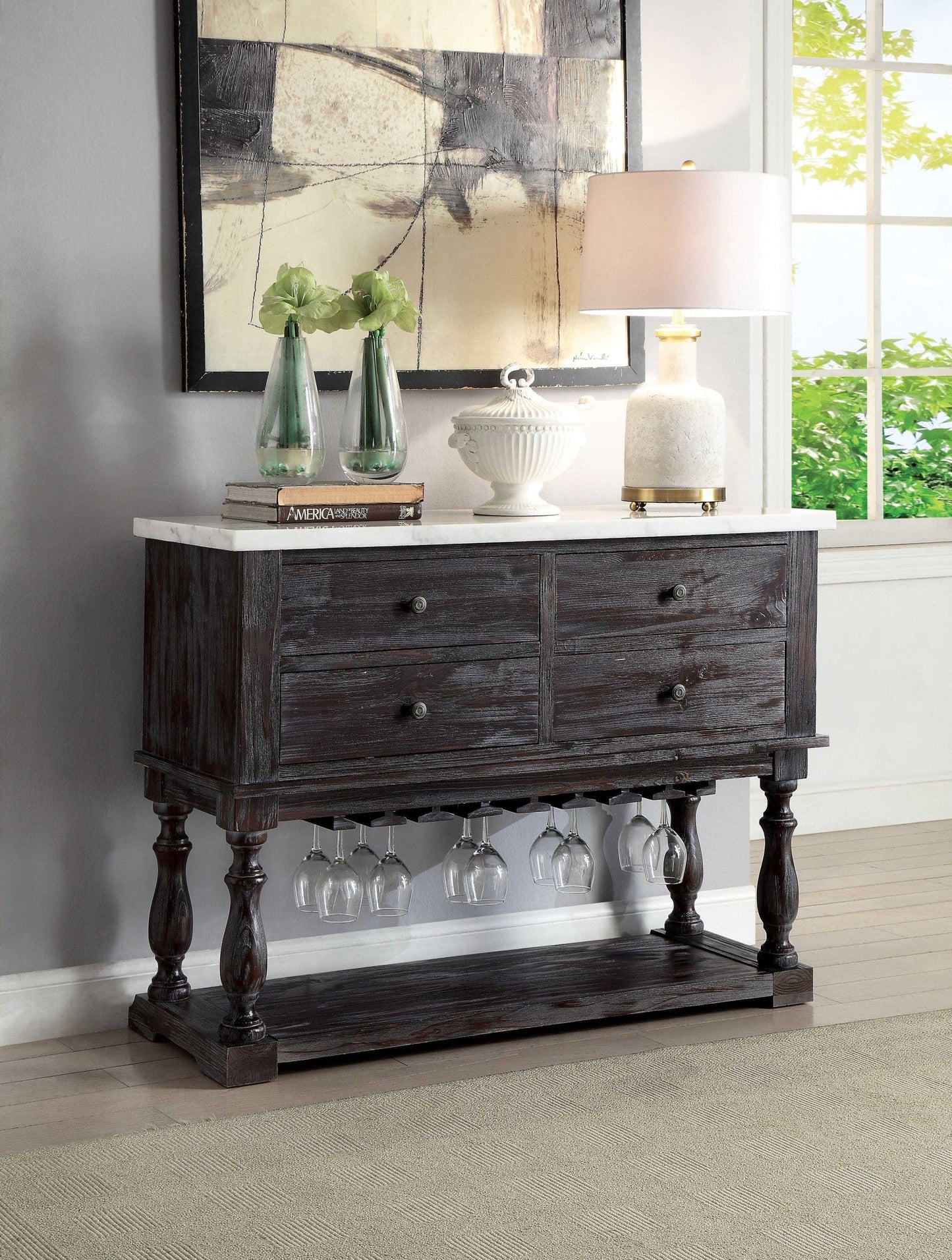 18" X 48" X 36" White Marble Weathered Espresso Wood Server - Homeroots - Flyclothing LLC
