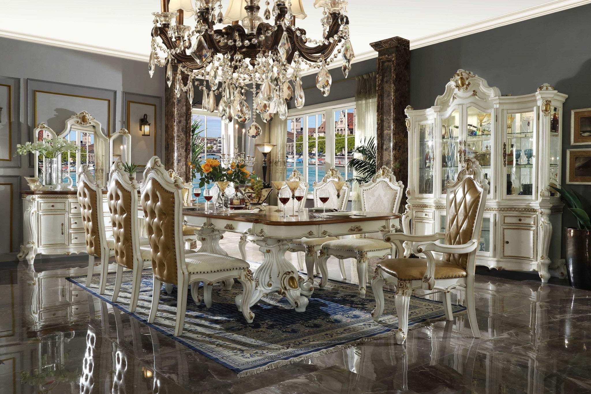 Set Of Two 27" Beige And White Faux Leather Damask Side Chair - Homeroots - Flyclothing LLC