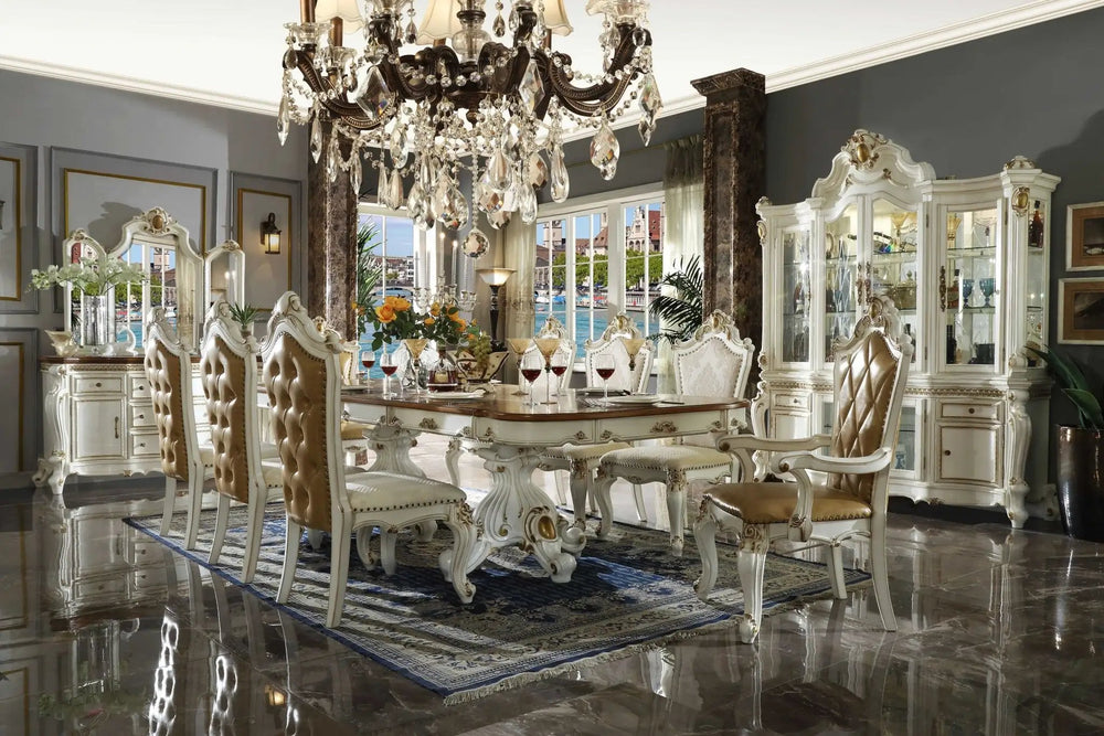 Set Of Two 27" Beige And White Faux Leather Damask Side Chair - Homeroots