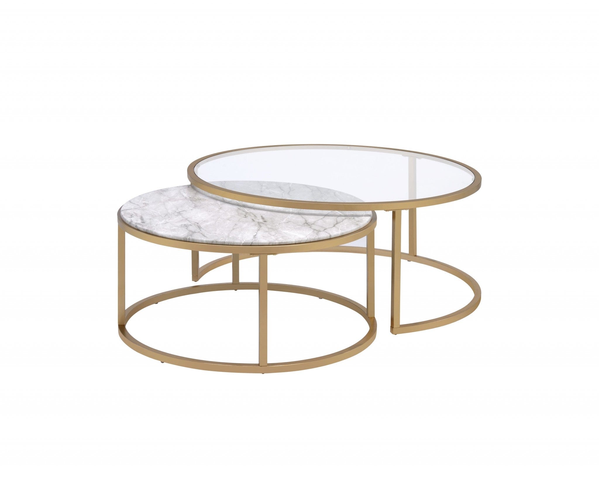 Set of Two 36" Clear White And Gold Glass Faux Marble And Iron Round Nested Coffee Tables - Homeroots