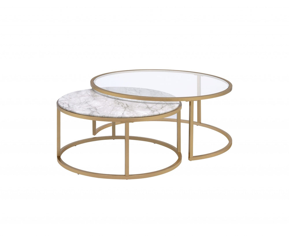 Set of Two 36" Clear White And Gold Glass Faux Marble And Iron Round Nested Coffee Tables - Homeroots - Flyclothing LLC