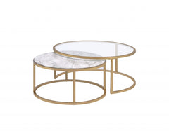 Set of Two 36" Clear White And Gold Glass Faux Marble And Iron Round Nested Coffee Tables - Homeroots