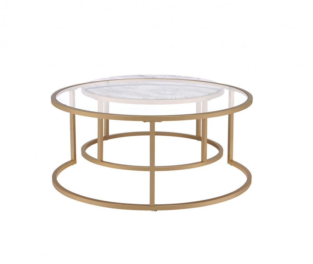Set of Two 36" Clear White And Gold Glass Faux Marble And Iron Round Nested Coffee Tables - Homeroots - Flyclothing LLC