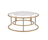 Set of Two 36" Clear White And Gold Glass Faux Marble And Iron Round Nested Coffee Tables - Homeroots