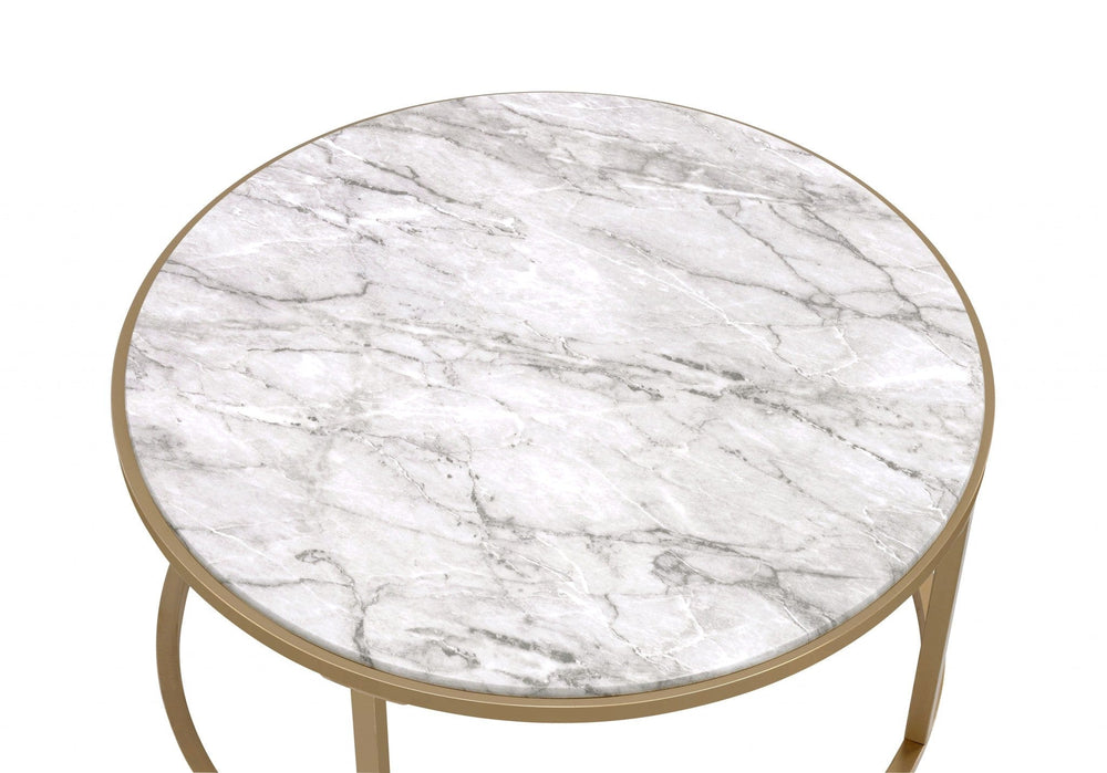 Set of Two 36" Clear White And Gold Glass Faux Marble And Iron Round Nested Coffee Tables - Homeroots - Flyclothing LLC