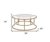 Set of Two 36" Clear White And Gold Glass Faux Marble And Iron Round Nested Coffee Tables - Homeroots - Flyclothing LLC