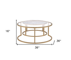 Set of Two 36" Clear White And Gold Glass Faux Marble And Iron Round Nested Coffee Tables - Homeroots