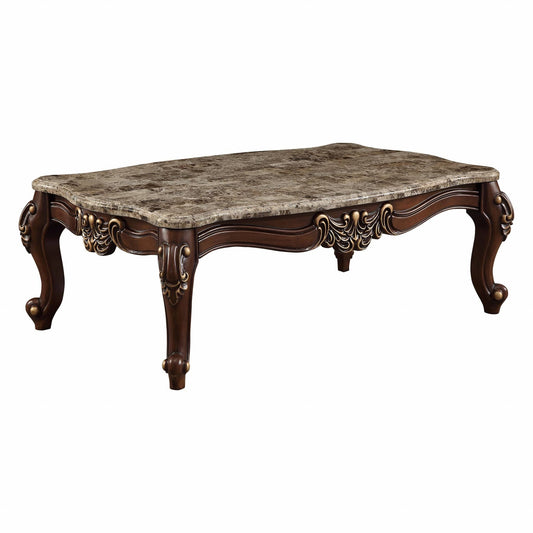 58" Brown Genuine Marble And Solid And Manufactured Wood Coffee Table - Homeroots