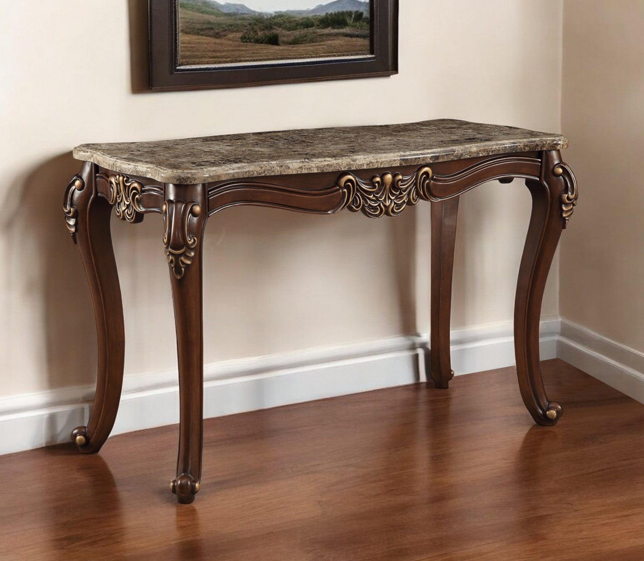 56" Beige and Brown and Brown Genuine Marble Console Table - Homeroots