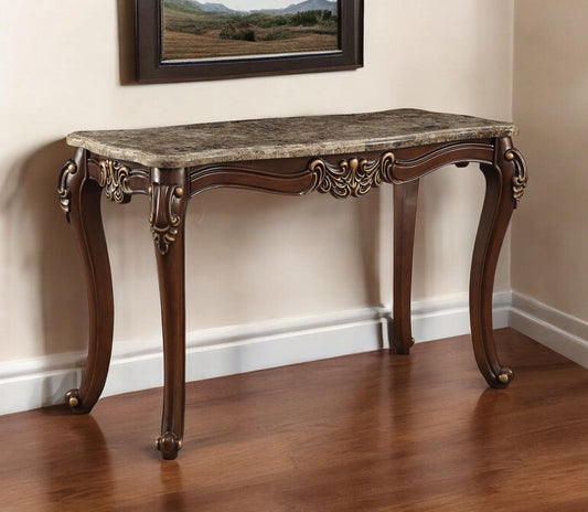 56" Beige and Brown and Brown Genuine Marble Console Table - Homeroots