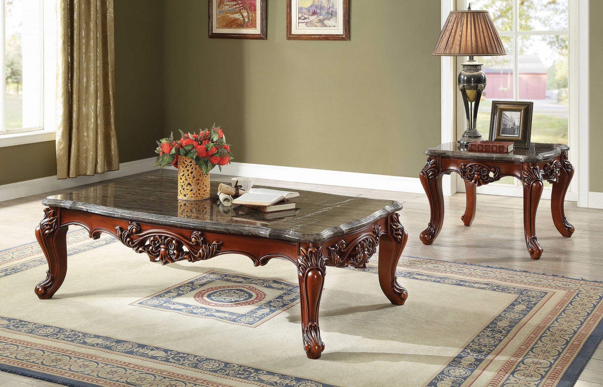 63" Marble Walnut Wood Coffee Table - Homeroots - Flyclothing LLC