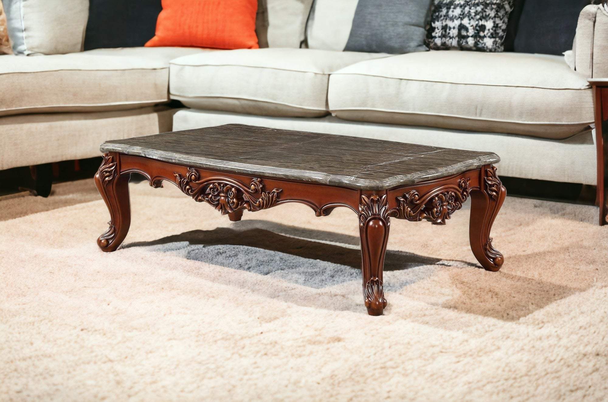 63" Marble Walnut Wood Coffee Table - Homeroots - Flyclothing LLC