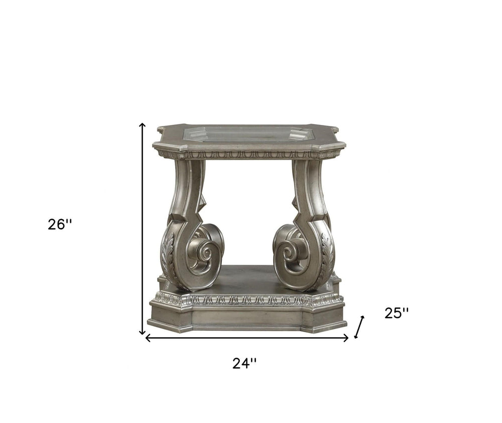 26" Silver And Clear Glass And Wood End Table With Shelf - Homeroots