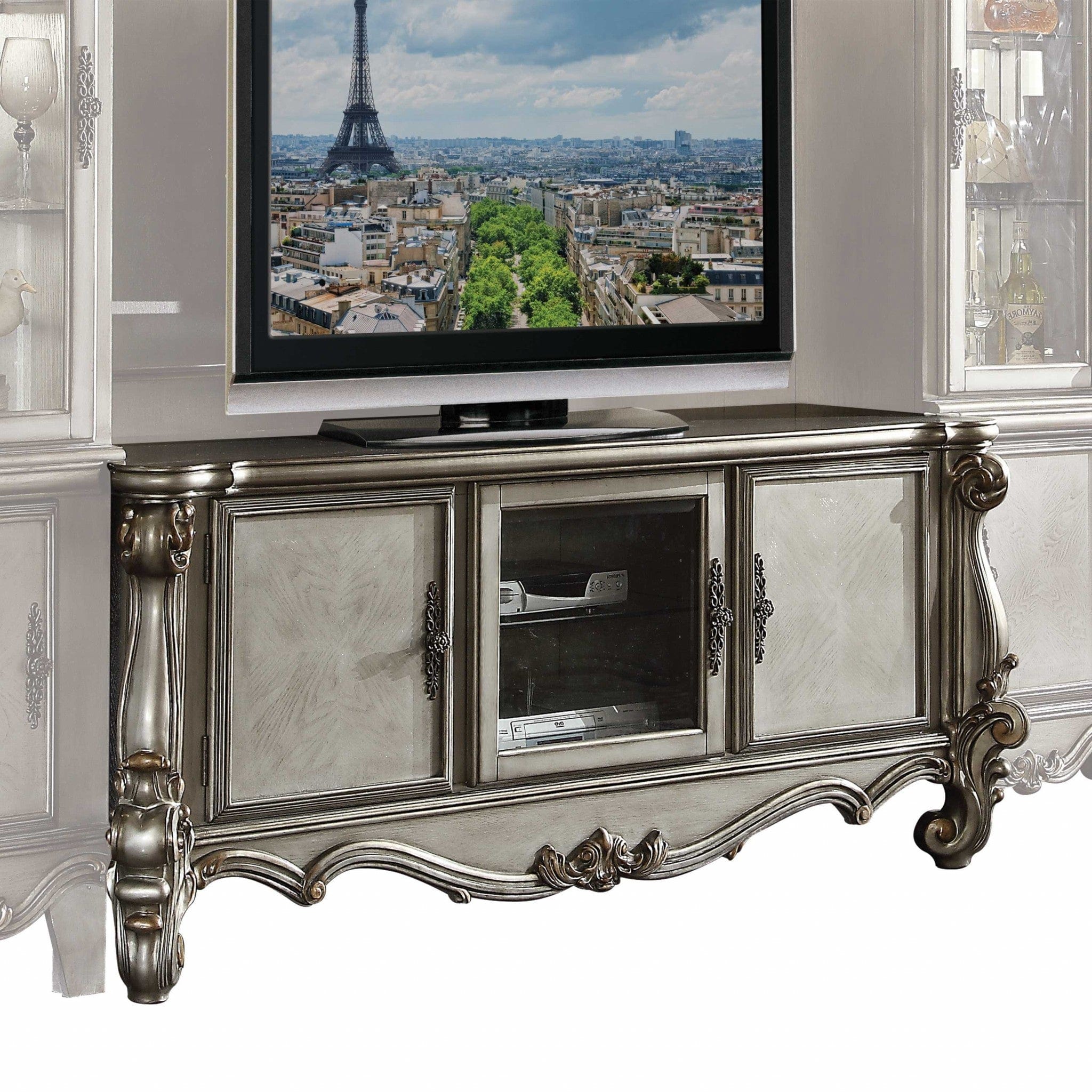 74" Platinum Solid Wood Cabinet Enclosed Storage TV Stand - Homeroots