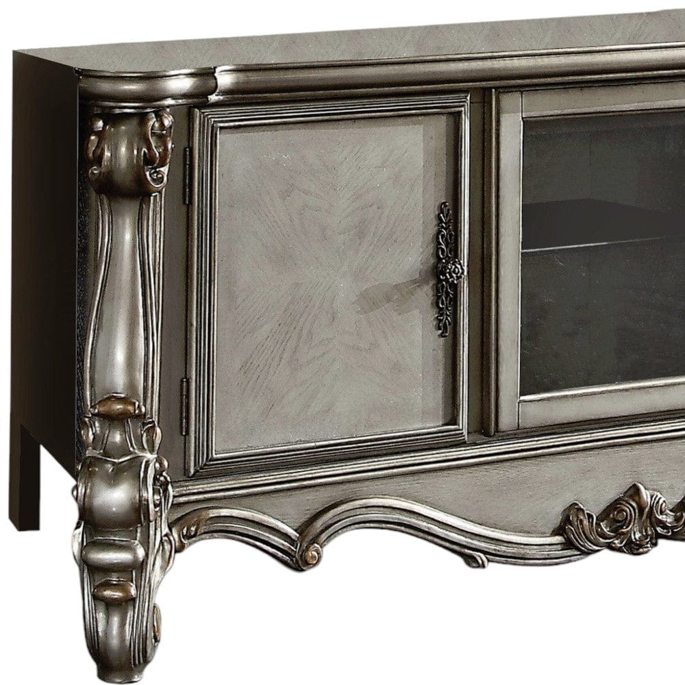 74" Platinum Solid Wood Cabinet Enclosed Storage TV Stand - Homeroots