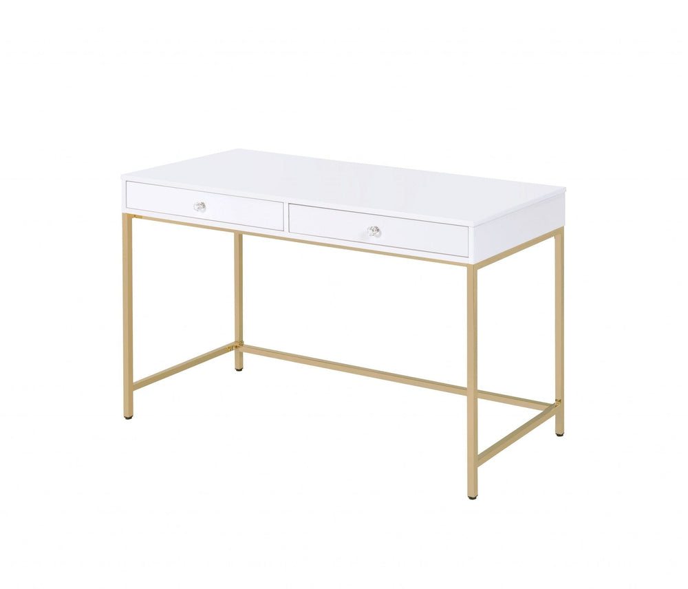 47" White and Gold Computer Desk With Two Drawers - Homeroots - Flyclothing LLC