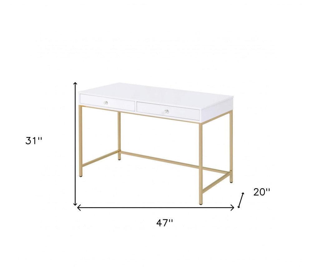 47" White and Gold Computer Desk With Two Drawers - Homeroots - Flyclothing LLC