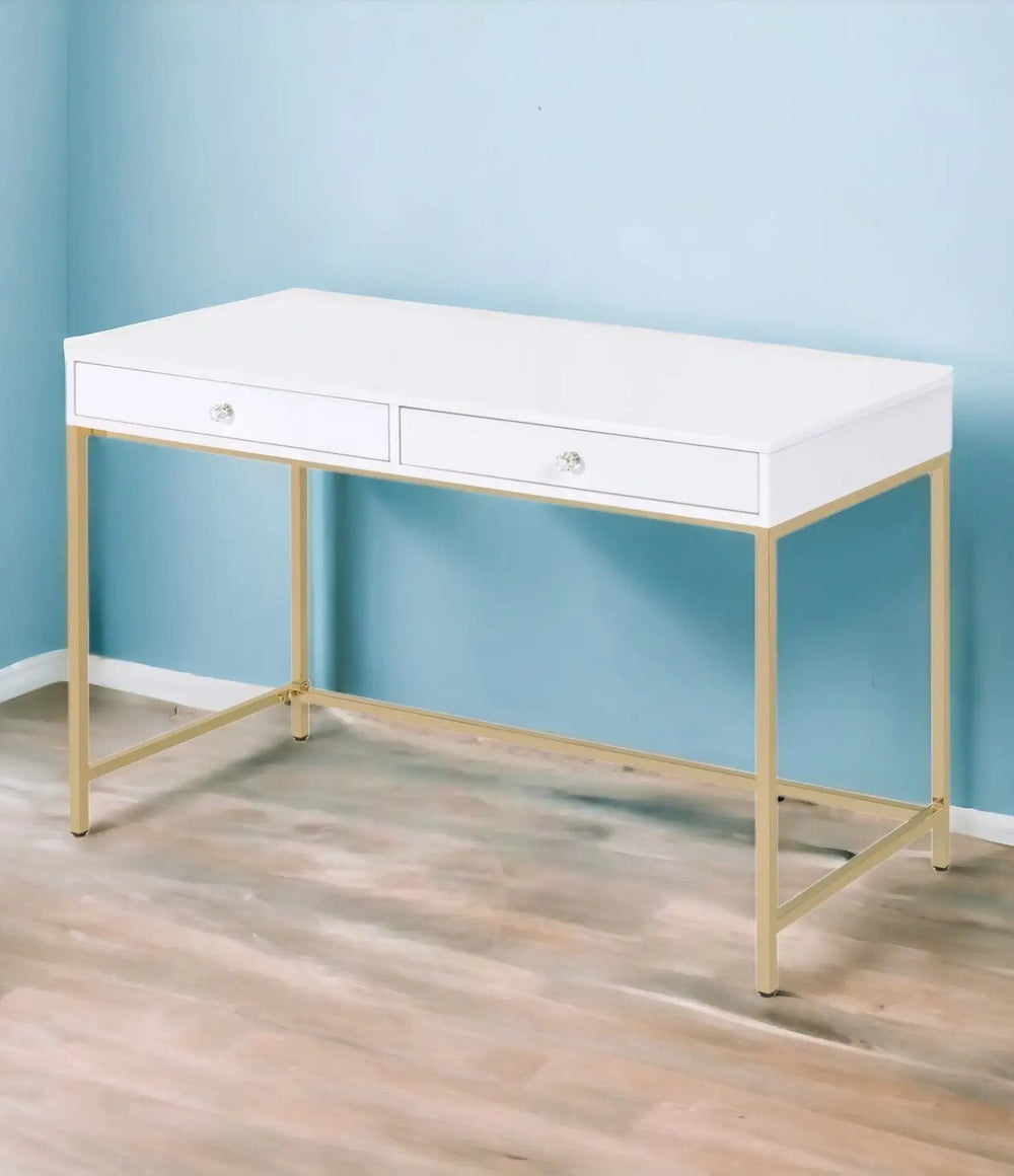 47" White and Gold Computer Desk With Two Drawers - Homeroots