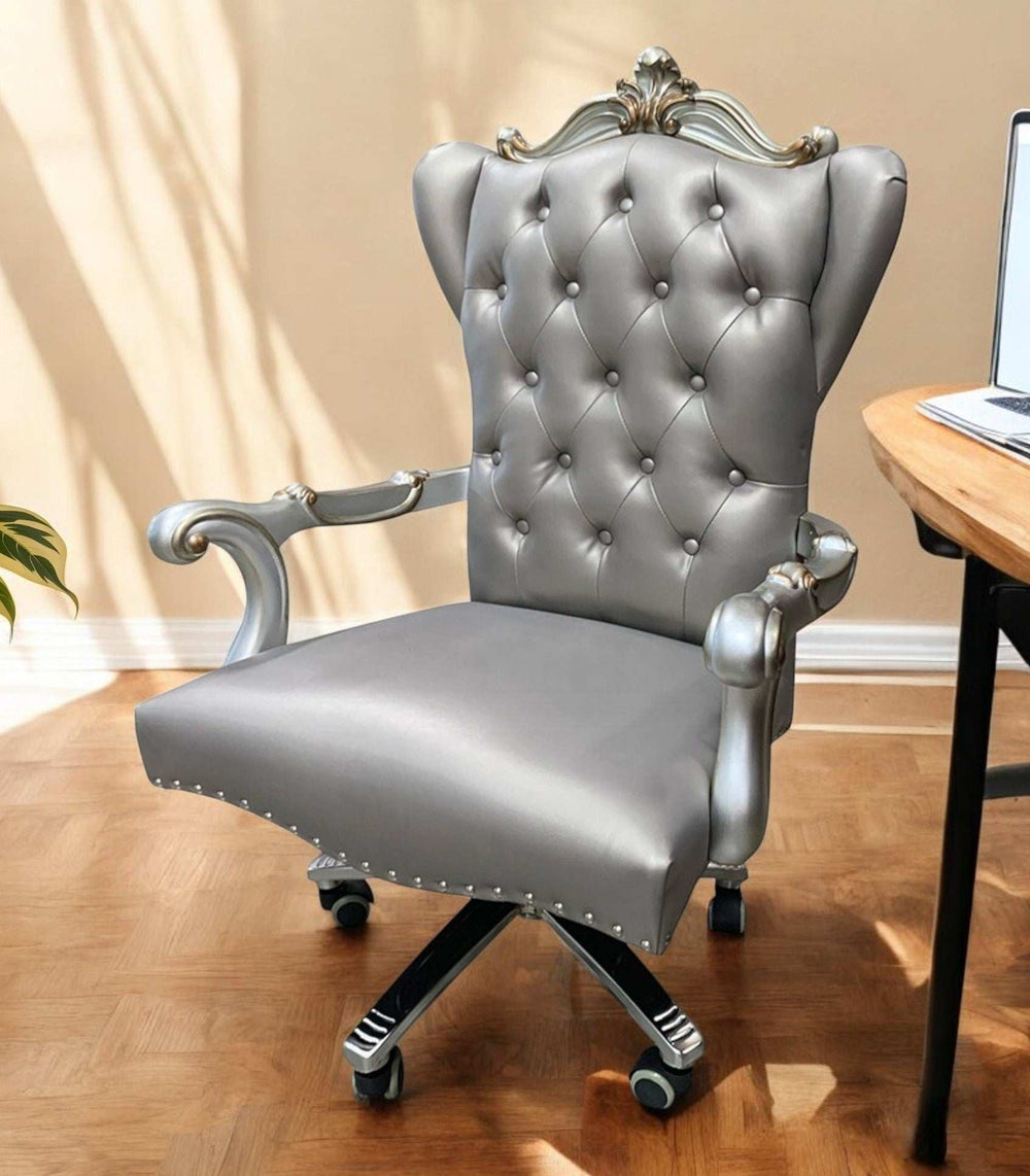 Gray Faux Leather Tufted Seat Swivel Adjustable Executive Chair Leather Back - Homeroots - Flyclothing LLC