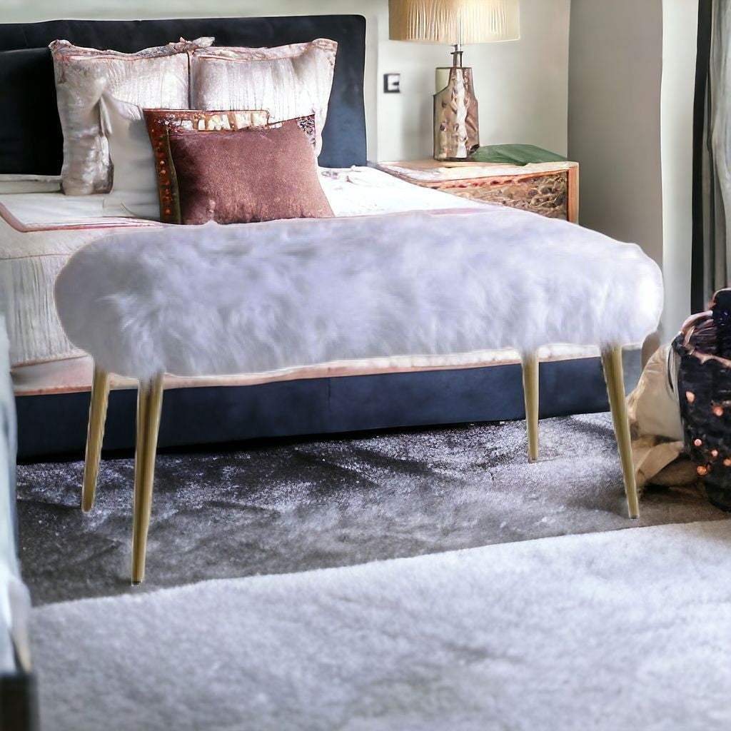 18" White and Gold Upholstered Faux Fur Bench - Homeroots - Flyclothing LLC