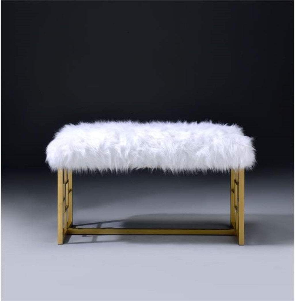 18" White and Gold Upholstered Faux Fur Bench - Homeroots - Flyclothing LLC
