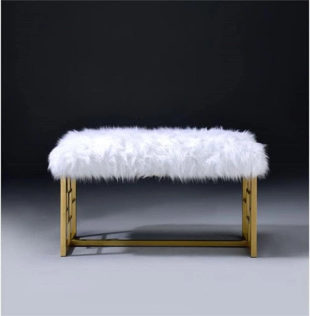 18" White and Gold Upholstered Faux Fur Bench - Homeroots