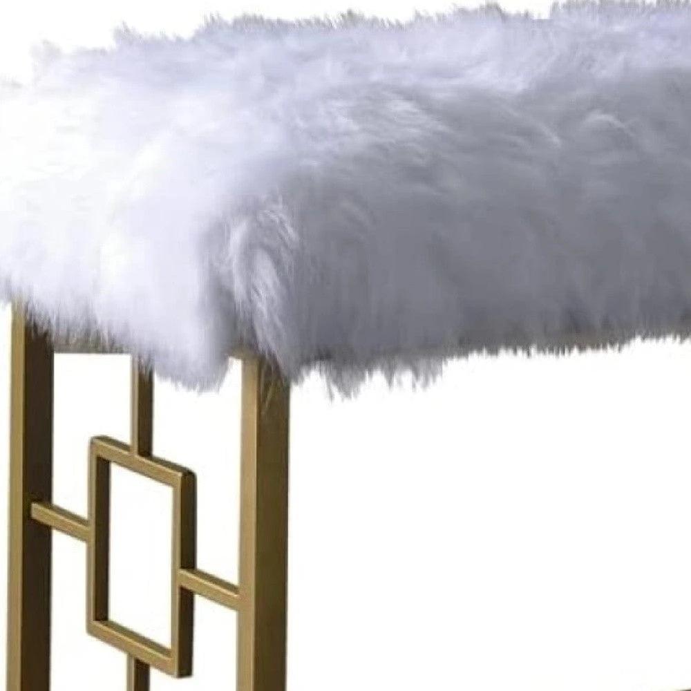 18" White and Gold Upholstered Faux Fur Bench - Homeroots