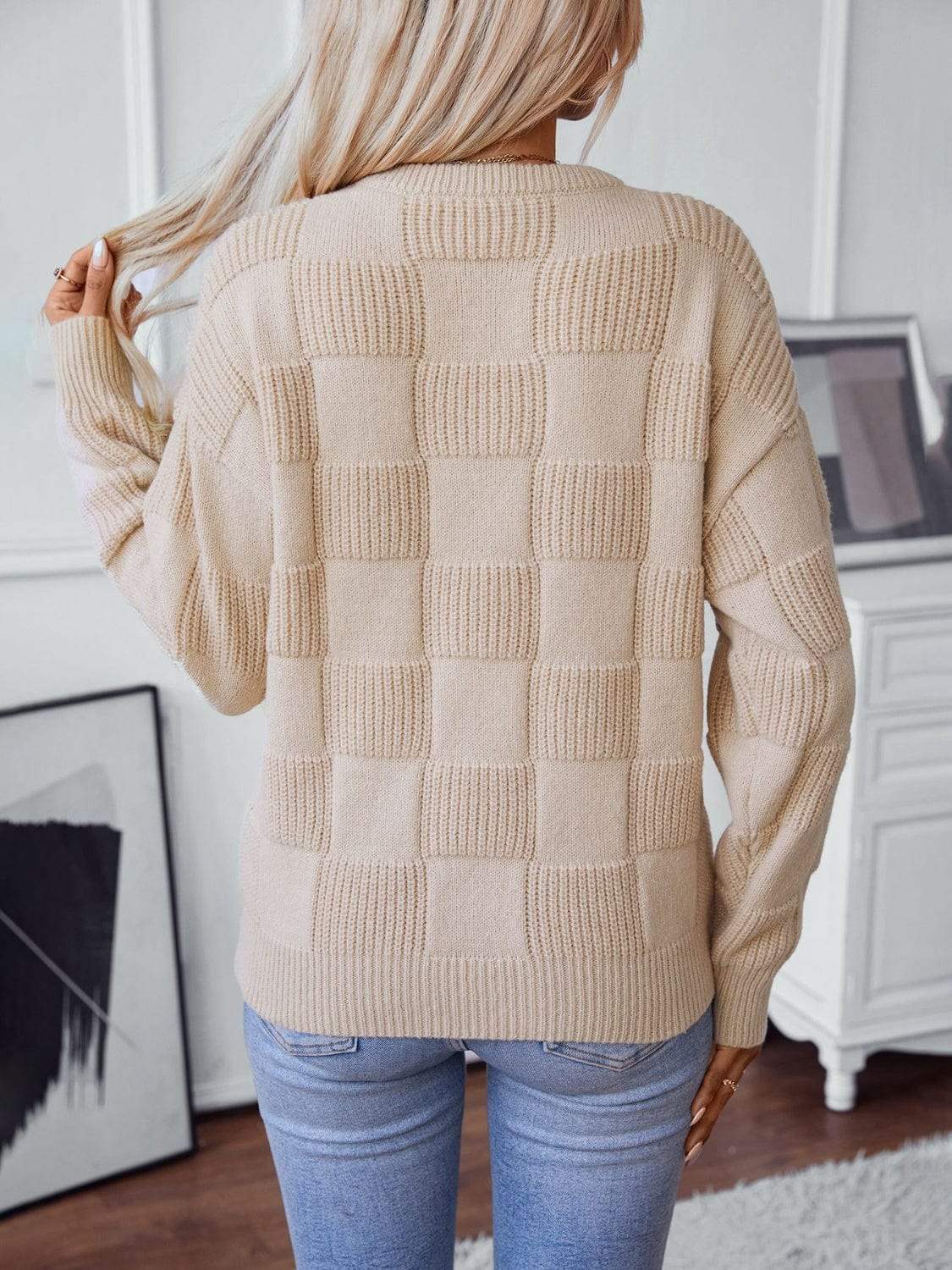 Checkered Round Neck Long Sleeve Sweater - Trendsi - Flyclothing LLC