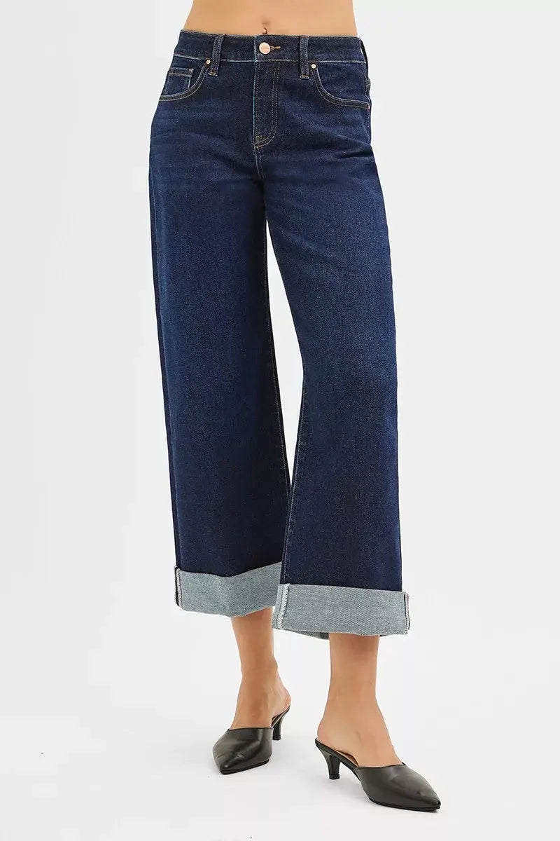 RISEN Mid Rise Fit Ankle Wide Roll Up Jeans - Trendsi - Flyclothing LLC