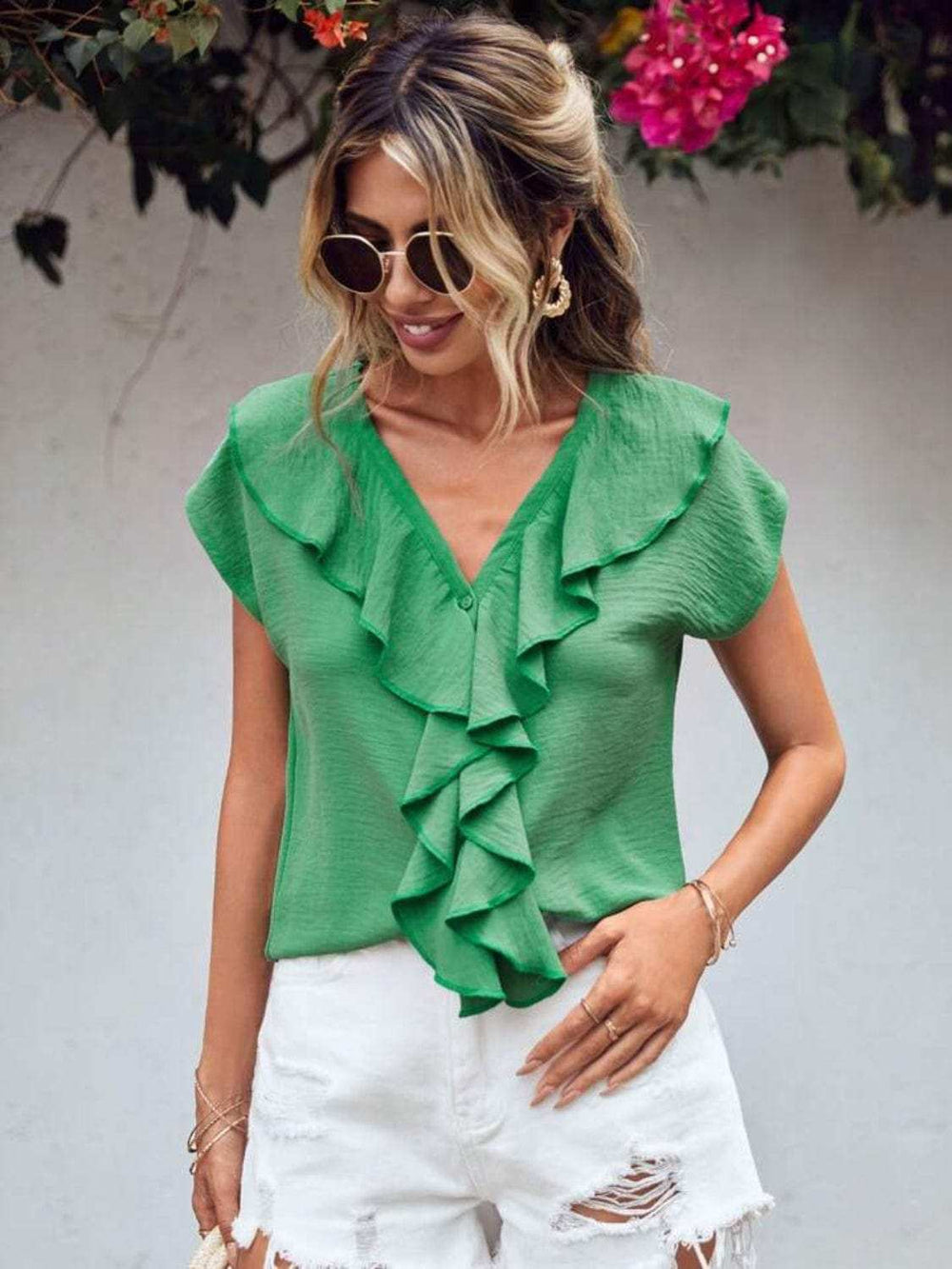 Ruffled V-Neck Short Sleeve Blouse - Trendsi - Flyclothing LLC
