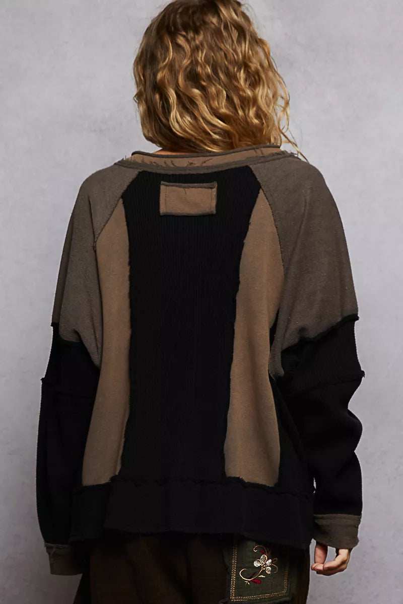 POL Color Block Waffle Knit Raw Hem Sweatshirt - Trendsi - Flyclothing LLC