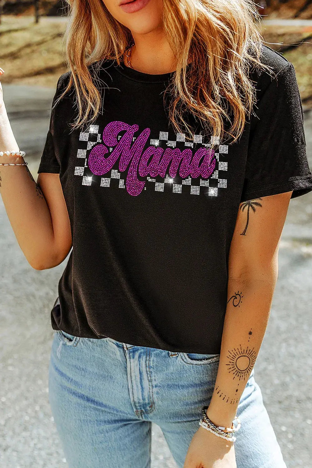 MAMA Rhinestone Letter Round Neck T-Shirt - Trendsi - Flyclothing LLC