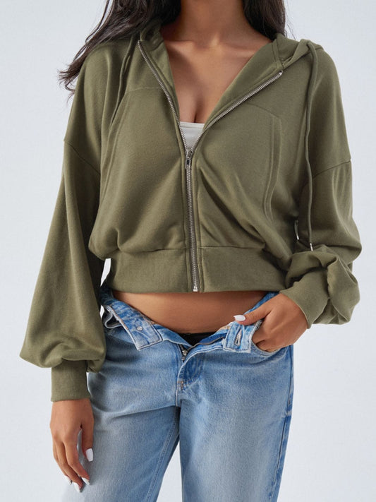 Devine Drawstring Zip Up Long Sleeve Hoodie - Trendsi