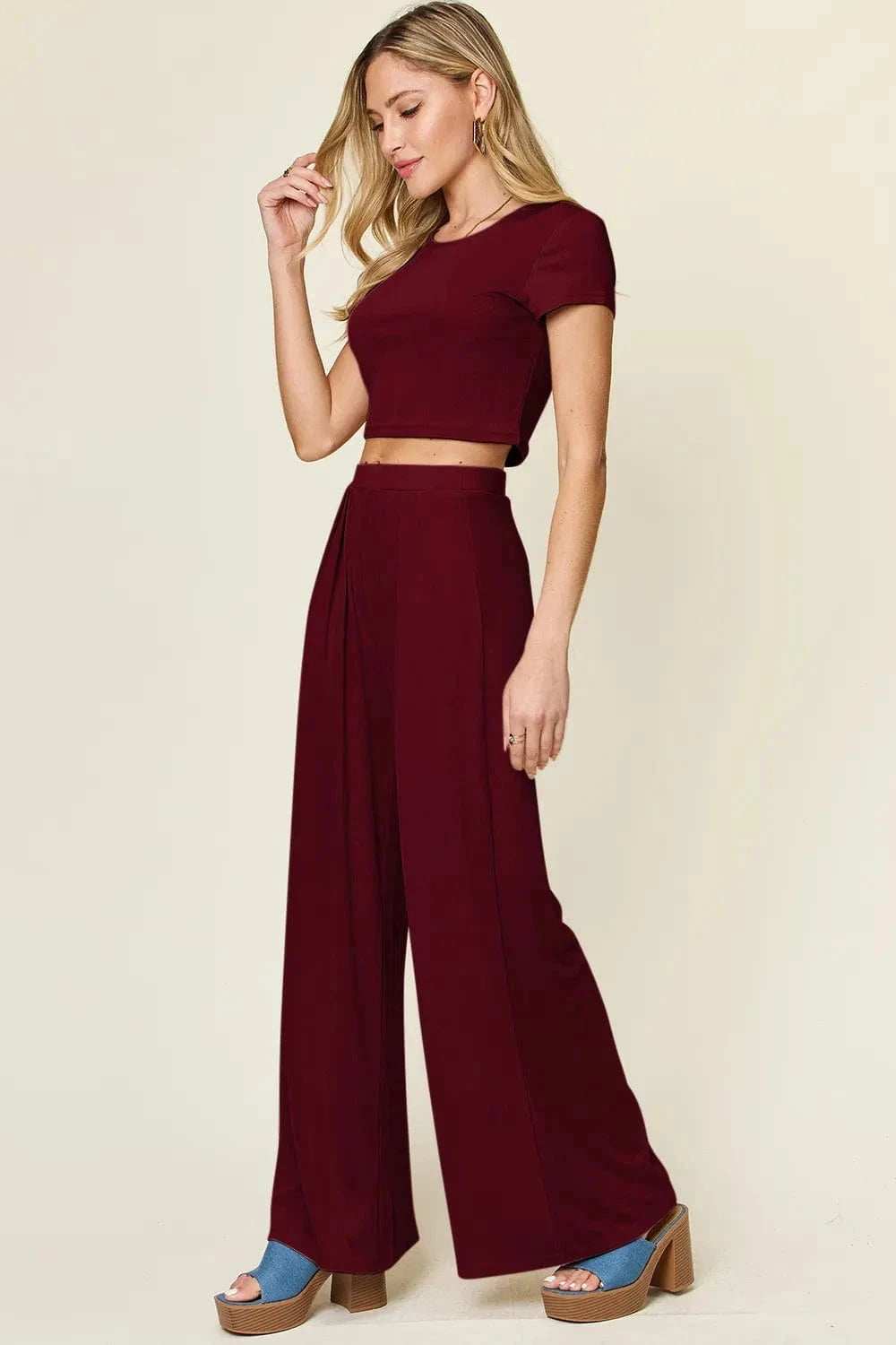 Double Take Full Size Round Neck Top and Pants Set - Trendsi - Flyclothing LLC