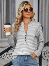 Striped Notched Long Sleeve T-Shirt - Trendsi - Flyclothing LLC