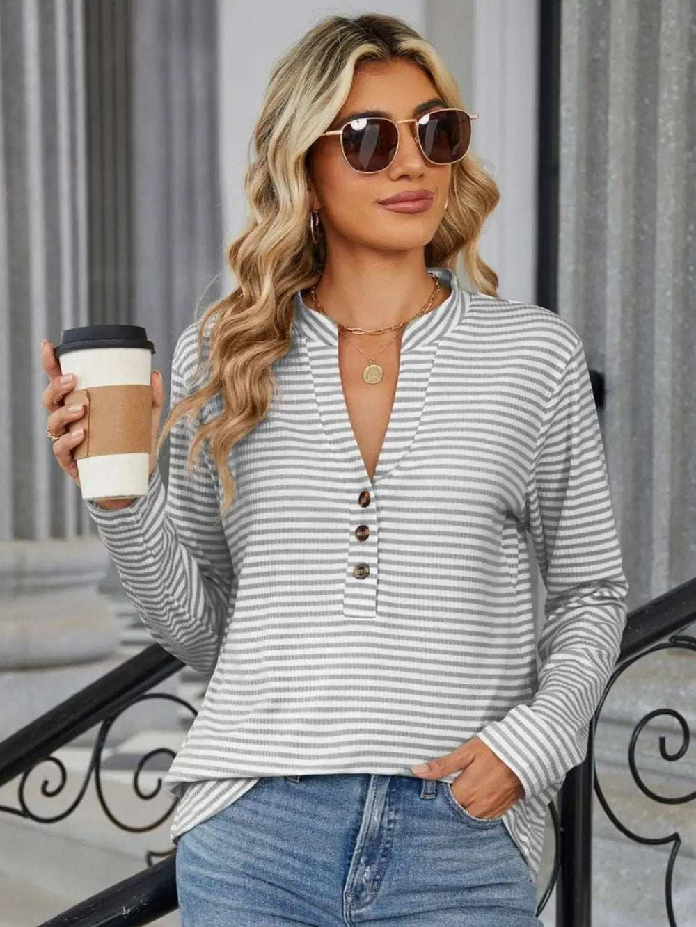 Striped Notched Long Sleeve T-Shirt - Trendsi - Flyclothing LLC