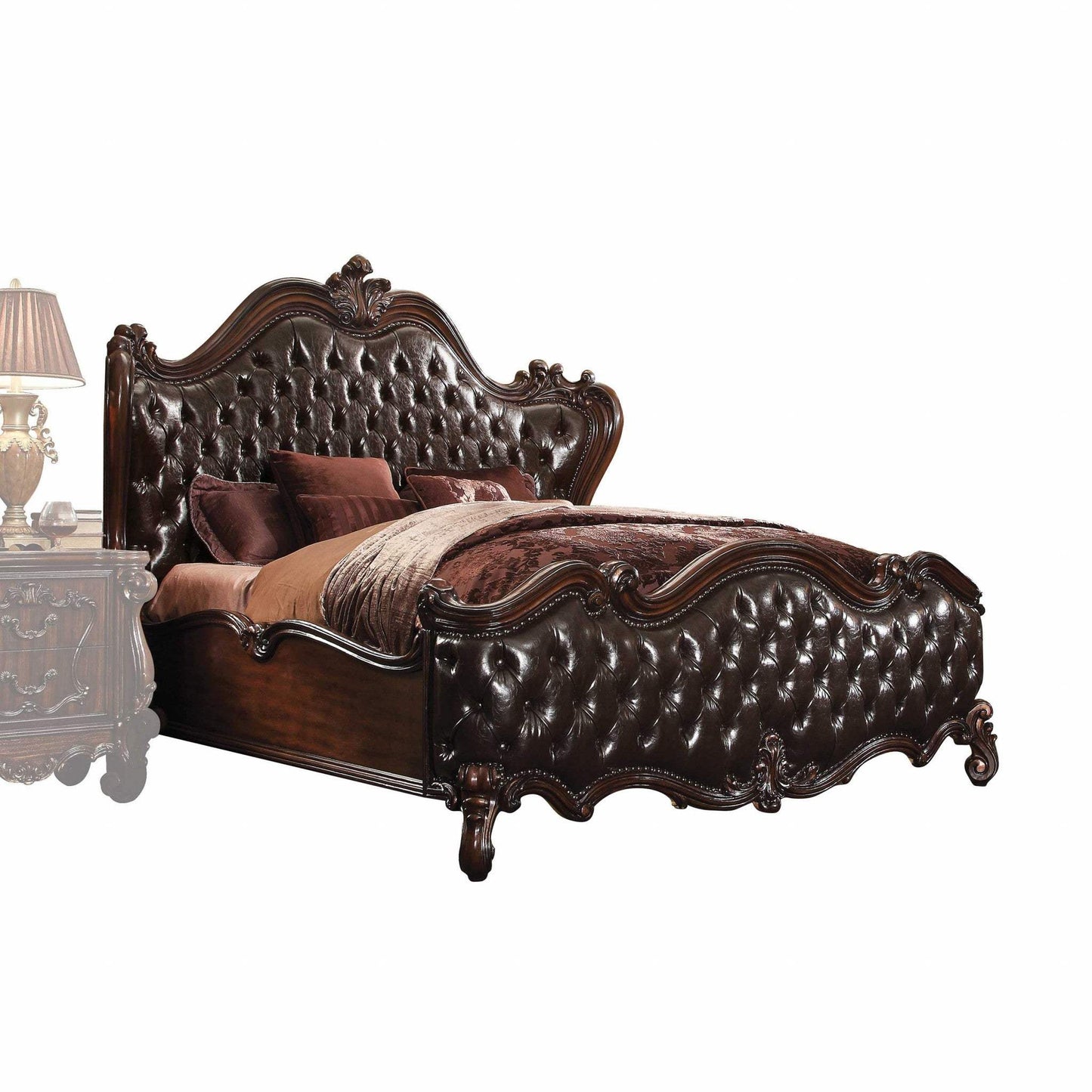 Solid Wood Queen Tufted Dark Brown Upholstered Faux Leather Bed With Nailhead Trim - Homeroots - Flyclothing LLC