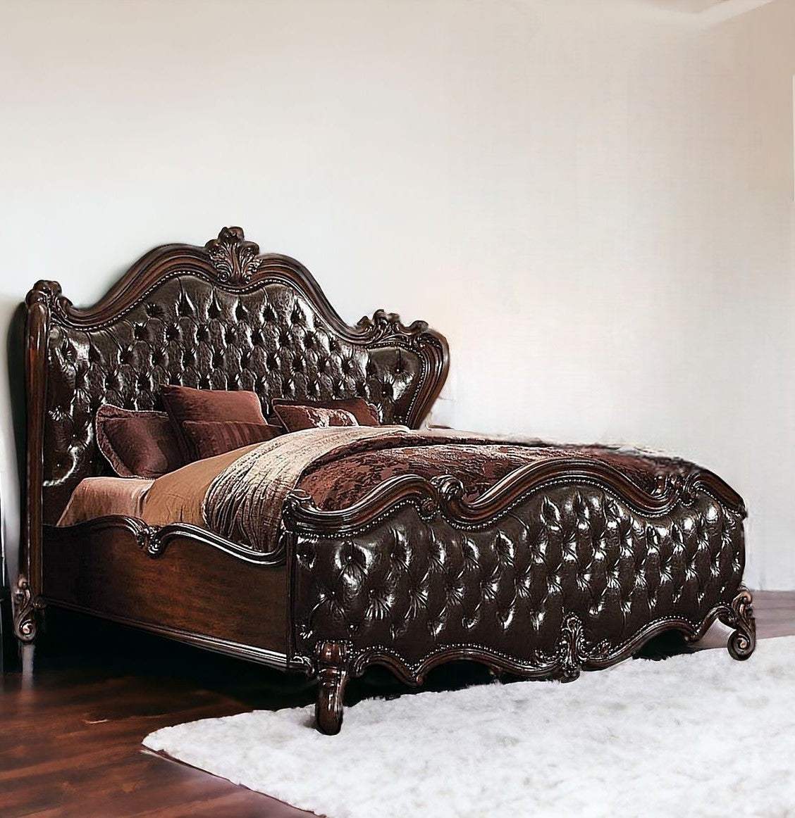 Solid Wood Queen Tufted Dark Brown Upholstered Faux Leather Bed With Nailhead Trim - Homeroots - Flyclothing LLC