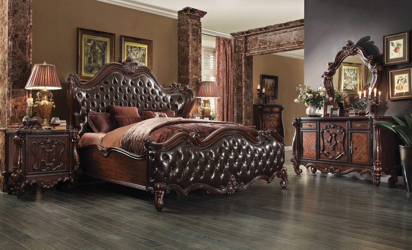 Solid Wood Queen Tufted Dark Brown Upholstered Faux Leather Bed With Nailhead Trim - Homeroots - Flyclothing LLC