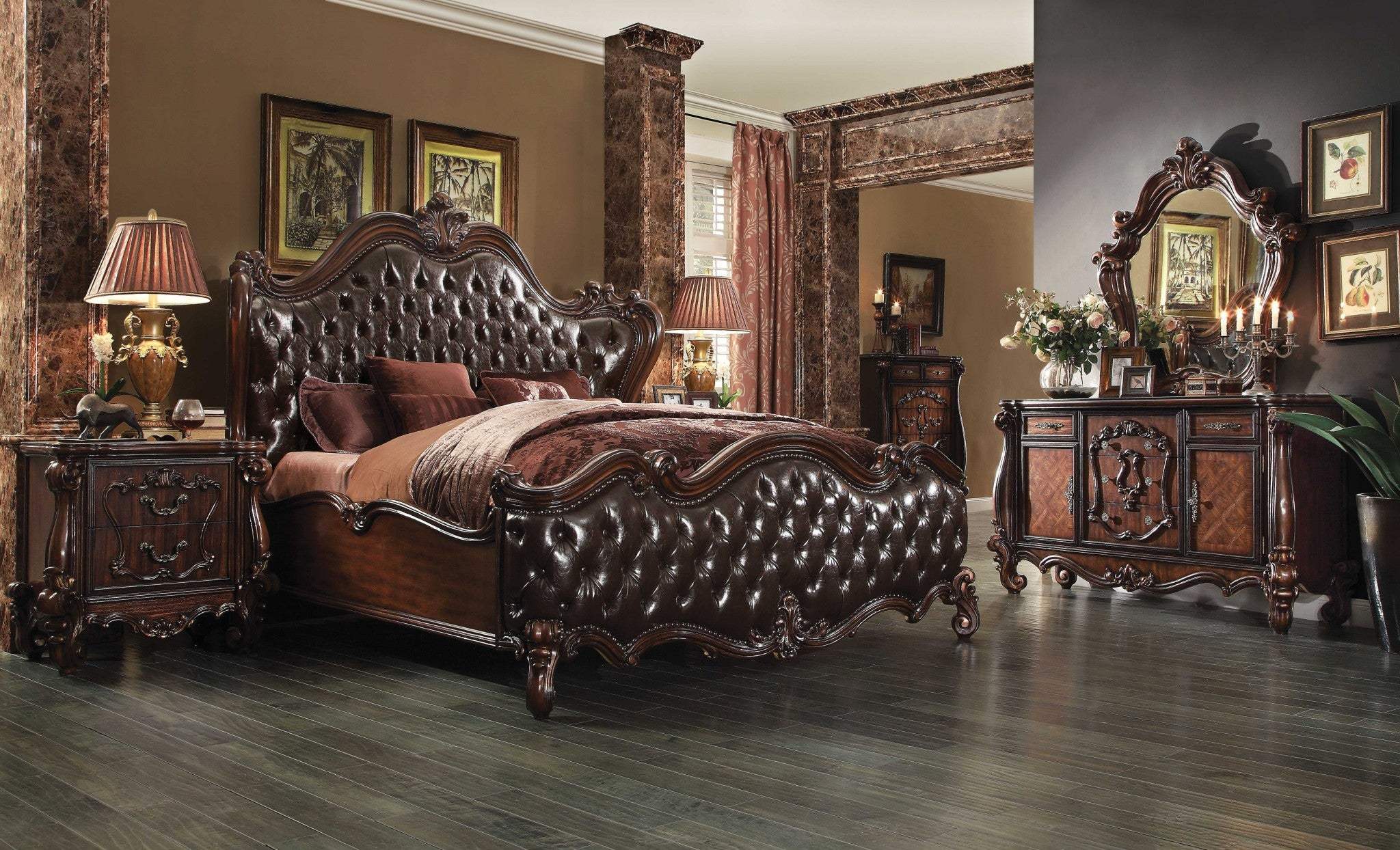 Solid Wood Queen Tufted Dark Brown Upholstered Faux Leather Bed With Nailhead Trim - Homeroots - Flyclothing LLC