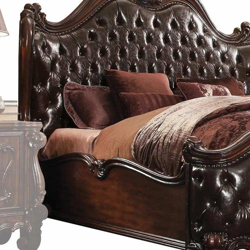 Solid Wood Queen Tufted Dark Brown Upholstered Faux Leather Bed With Nailhead Trim - Homeroots - Flyclothing LLC