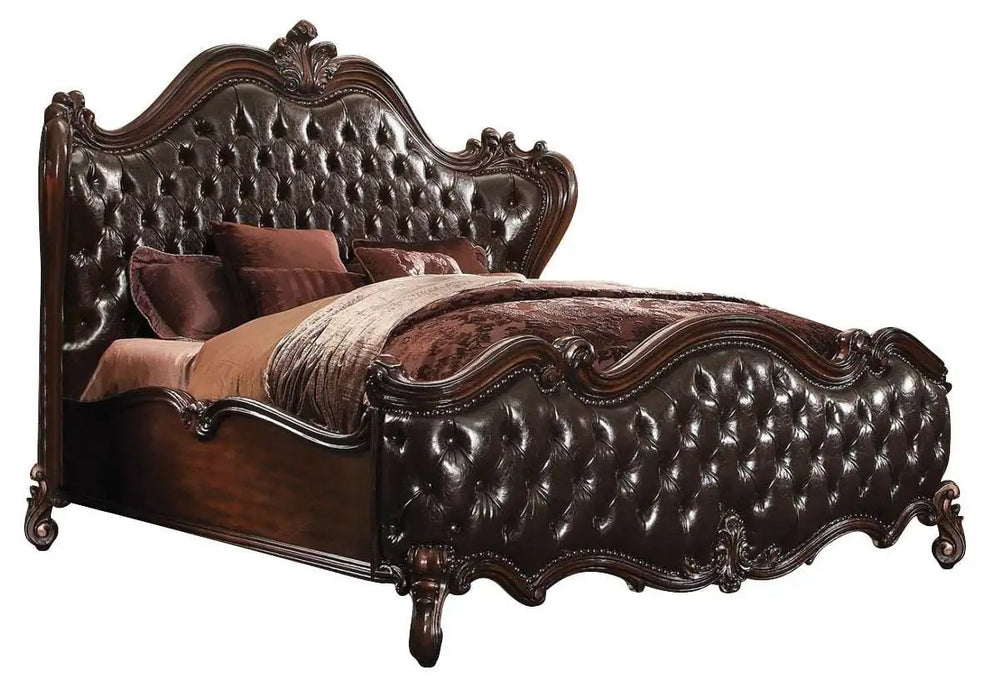 Solid Wood Queen Tufted Dark Brown Upholstered Faux Leather Bed With Nailhead Trim - Homeroots