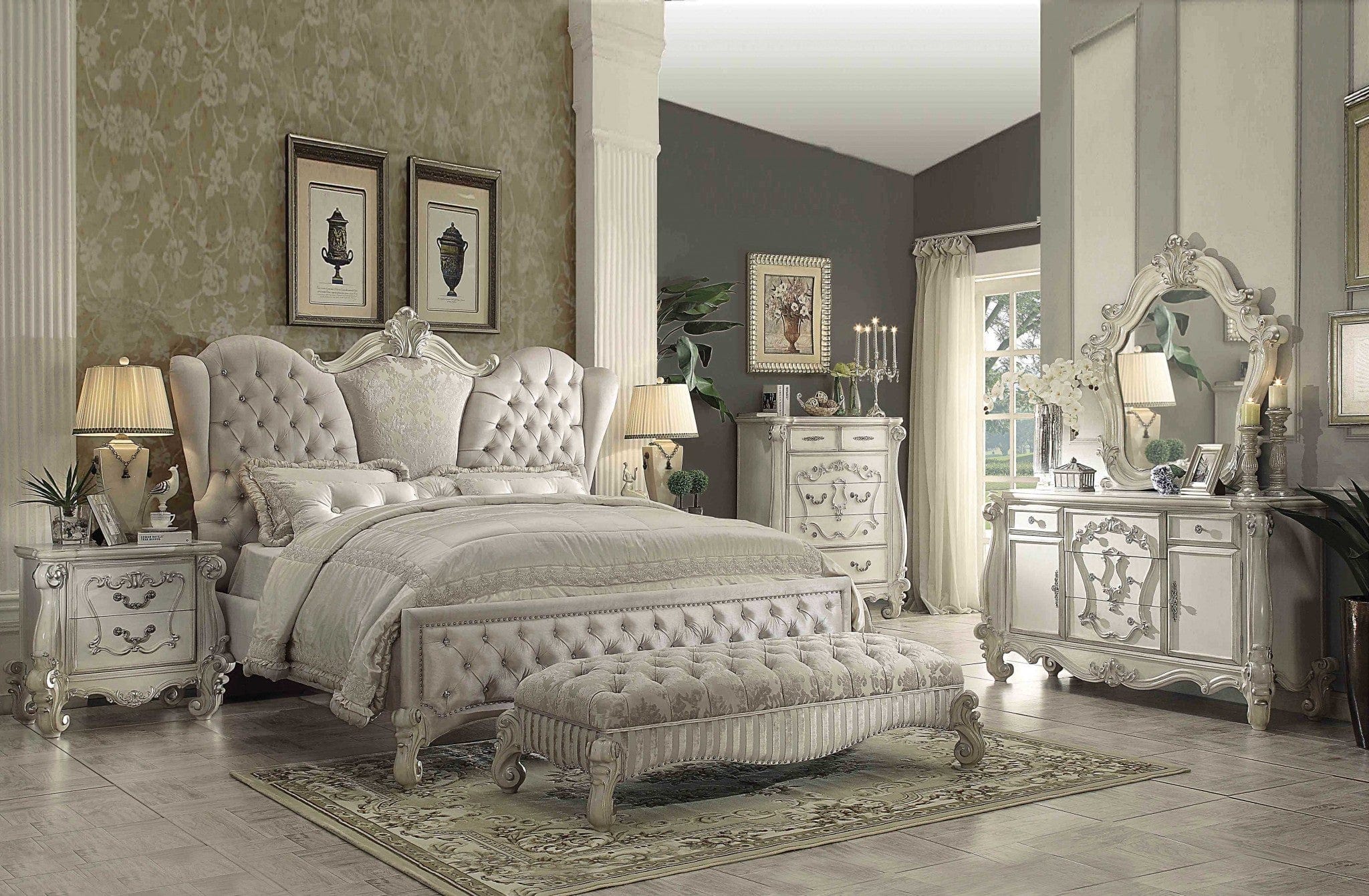 Ivory Solid Wood Queen Tufted Upholstered Velvet Bed Frame with Nailhead Trim - Homeroots