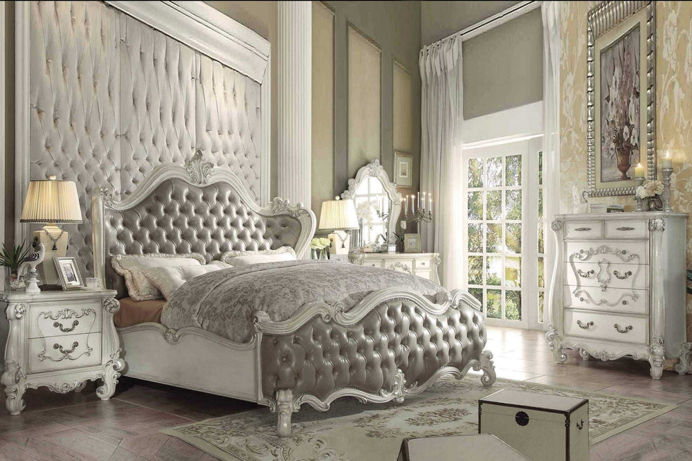 King Tufted Ivory And Gray Upholstered Faux Leather Bed With Nailhead Trim - Homeroots - Flyclothing LLC