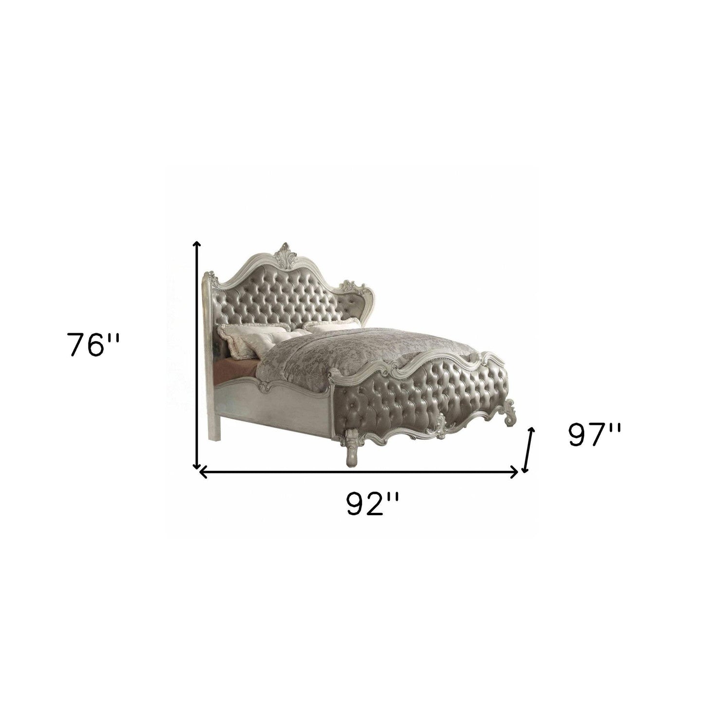 King Tufted Ivory And Gray Upholstered Faux Leather Bed With Nailhead Trim - Homeroots - Flyclothing LLC