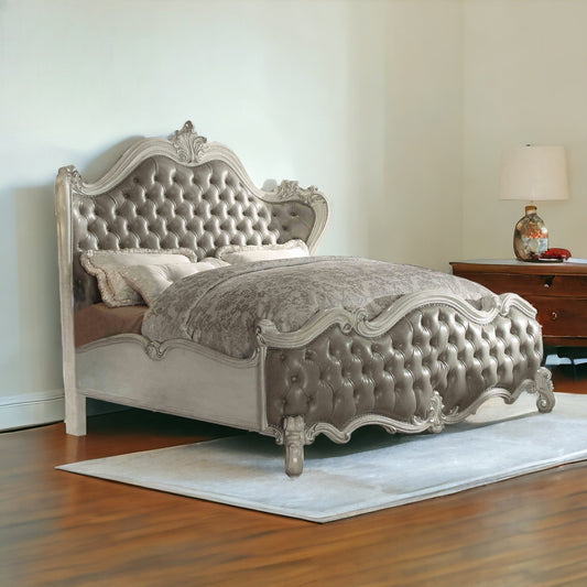 King Tufted Ivory And Gray Upholstered Faux Leather Bed With Nailhead Trim - Homeroots